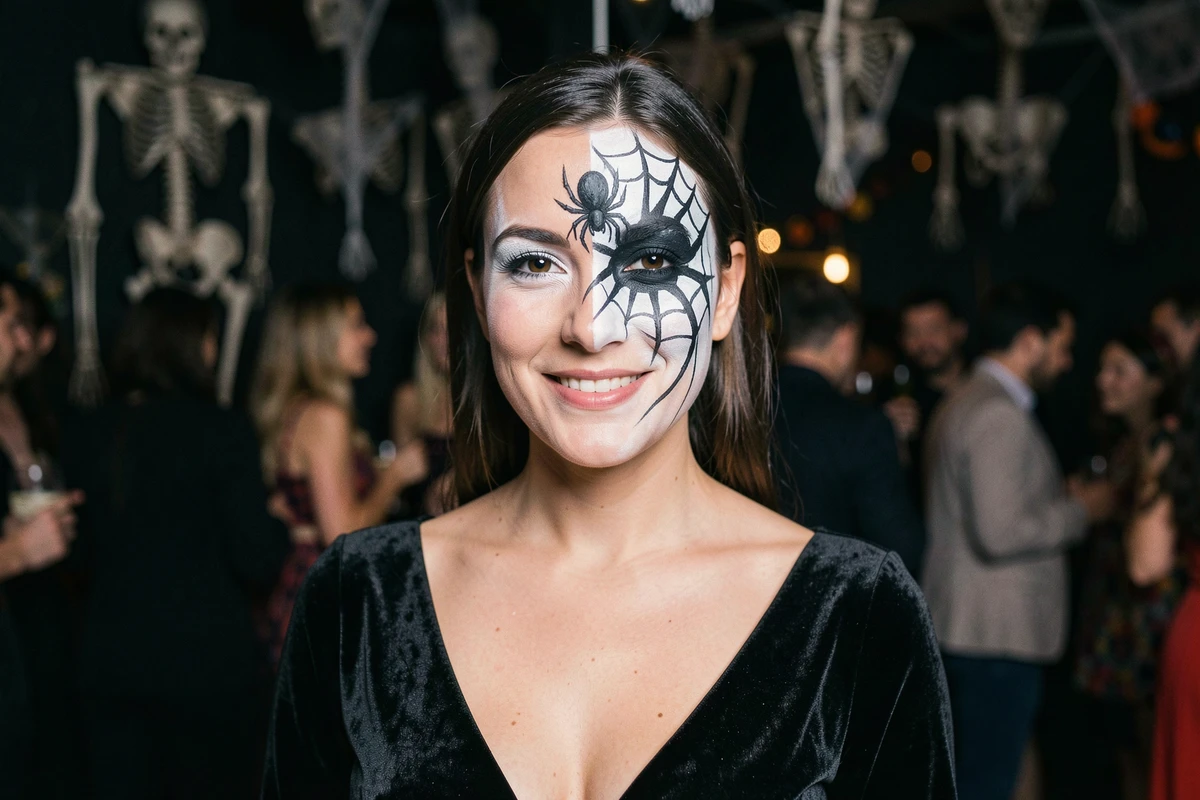 Femme adulte arborant un maquillage araignée élaboré lors d'une soirée Halloween