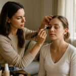 Photo hyperrealiste d'une maquilleuse professionnelle appliquant du maquillage à une cliente à la maison