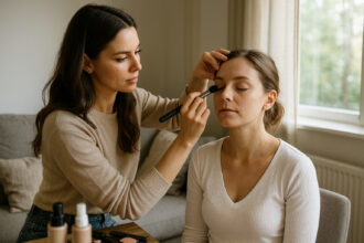 Photo hyperrealiste d'une maquilleuse professionnelle appliquant du maquillage à une cliente à la maison