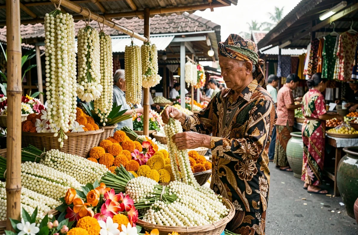 Étal de marché balinais traditionnel à Denpasar débordant de guirlandes de jasmin et de fleurs tropicales, avec un vendeur en tenue traditionnelle arrangeant les fleurs