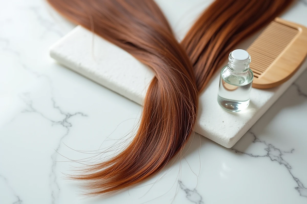 Gros plan de mèches de cheveux colorés châtain posées près de flacons antiseptiques sur une surface blanche, concept d'effet bétadine sur coloration capillaire