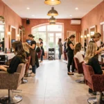 Vue d'ensemble d'un salon de coiffure élégant dans l'Hérault avec coiffeurs et clients
