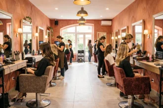 Vue d'ensemble d'un salon de coiffure élégant dans l'Hérault avec coiffeurs et clients