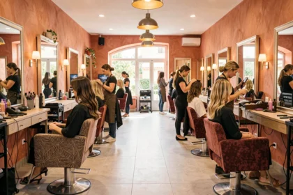 Vue d'ensemble d'un salon de coiffure élégant dans l'Hérault avec coiffeurs et clients