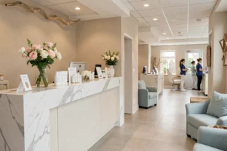 Intérieur élégant d'un institut de beauté en Seine-Maritime avec accueil soigné et décor épuré