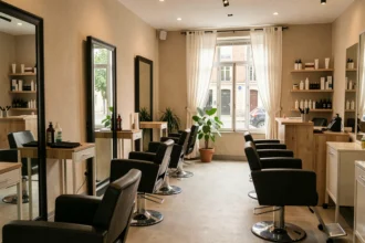 Intérieur d'un salon de coiffure moderne dans le Loiret avec des fauteuils de coiffage et des miroirs élégants