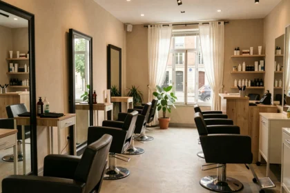 Intérieur d'un salon de coiffure moderne dans le Loiret avec des fauteuils de coiffage et des miroirs élégants