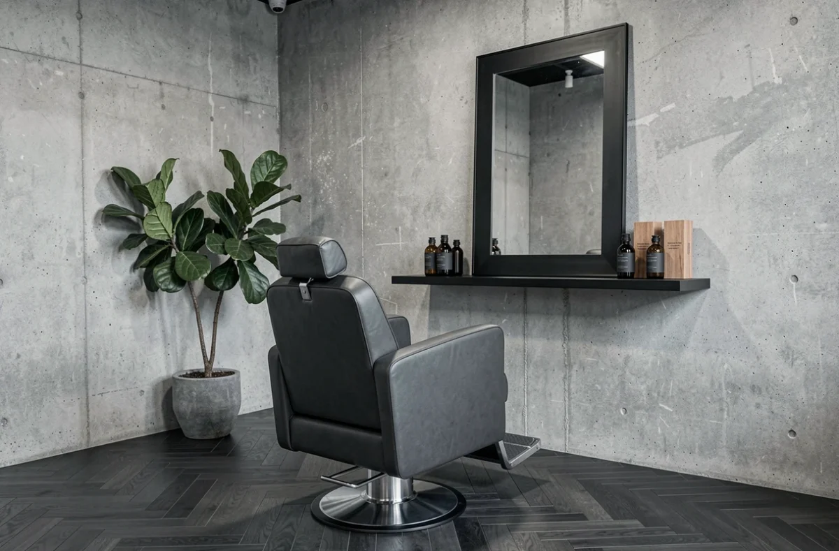 Studio de soins masculins Men Zen avec fauteuil en cuir et décor industriel épuré