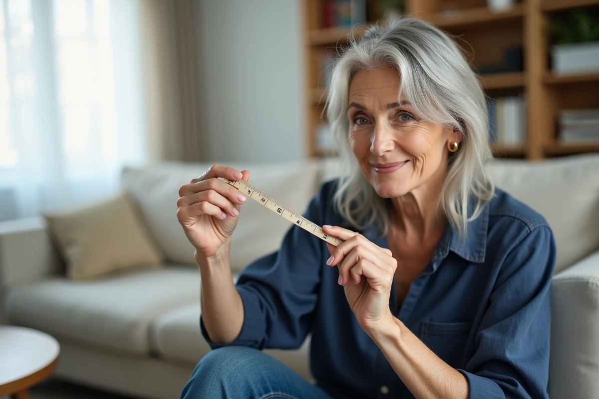 Femme de 50 ans mesurant la longueur de ses cheveux avec une règle à la maison, symbolisant la pousse capillaire mensuelle après 40 ans