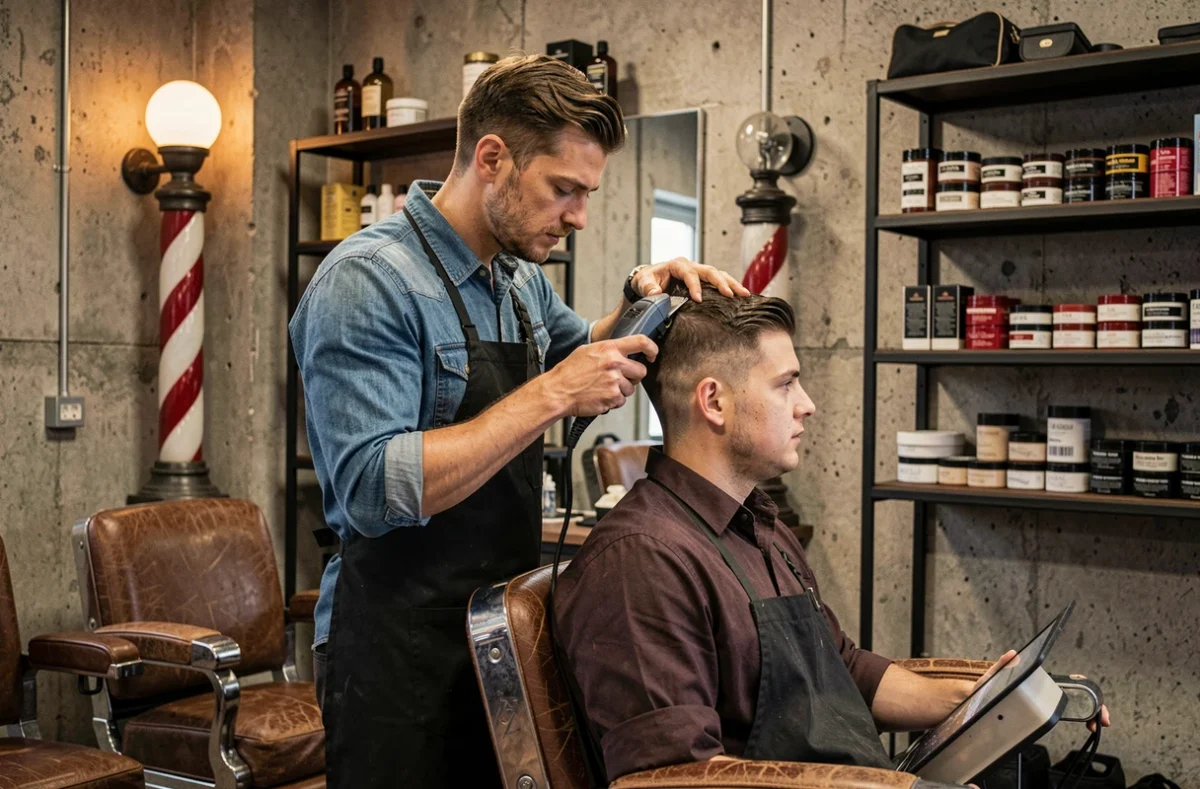 Barbier du salon Mister Kutter à Orléans réalisant un dégradé précis dans un décor de barbershop industriel