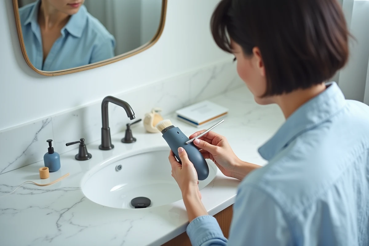 Femme nettoyant la tête d'accessoire d'une lime électrique avec une brosse fine dans une salle de bain
