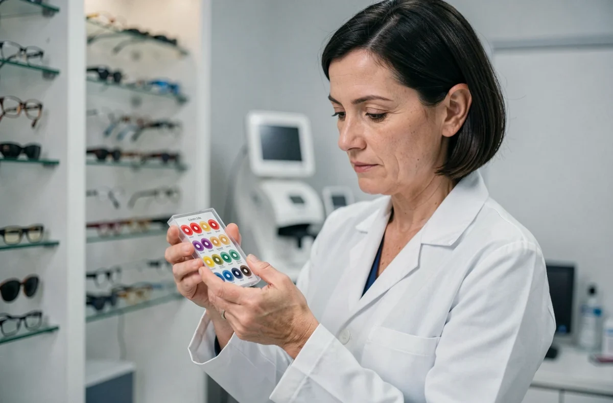 Opticienne en blouse blanche examinant des lentilles de contact colorées dans une clinique optique