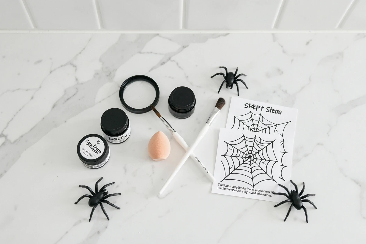 Outils et produits de maquillage araignée Halloween disposés en flat lay sur un comptoir en marbre
