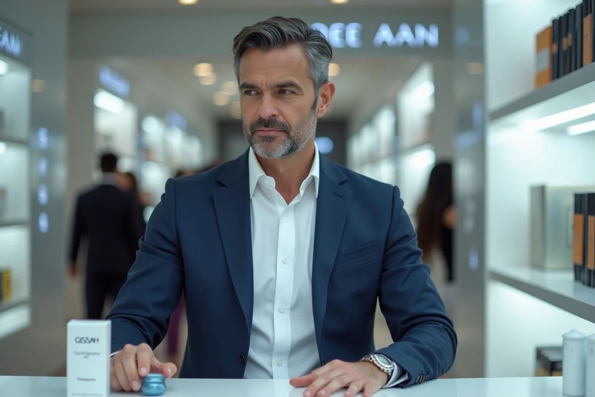 Homme parcourant les flacons de parfum Gissah dans un grand magasin français moderne