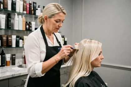 Coiffeuse professionnelle appliquant une patine neutralisante sur cheveux blonds en salon