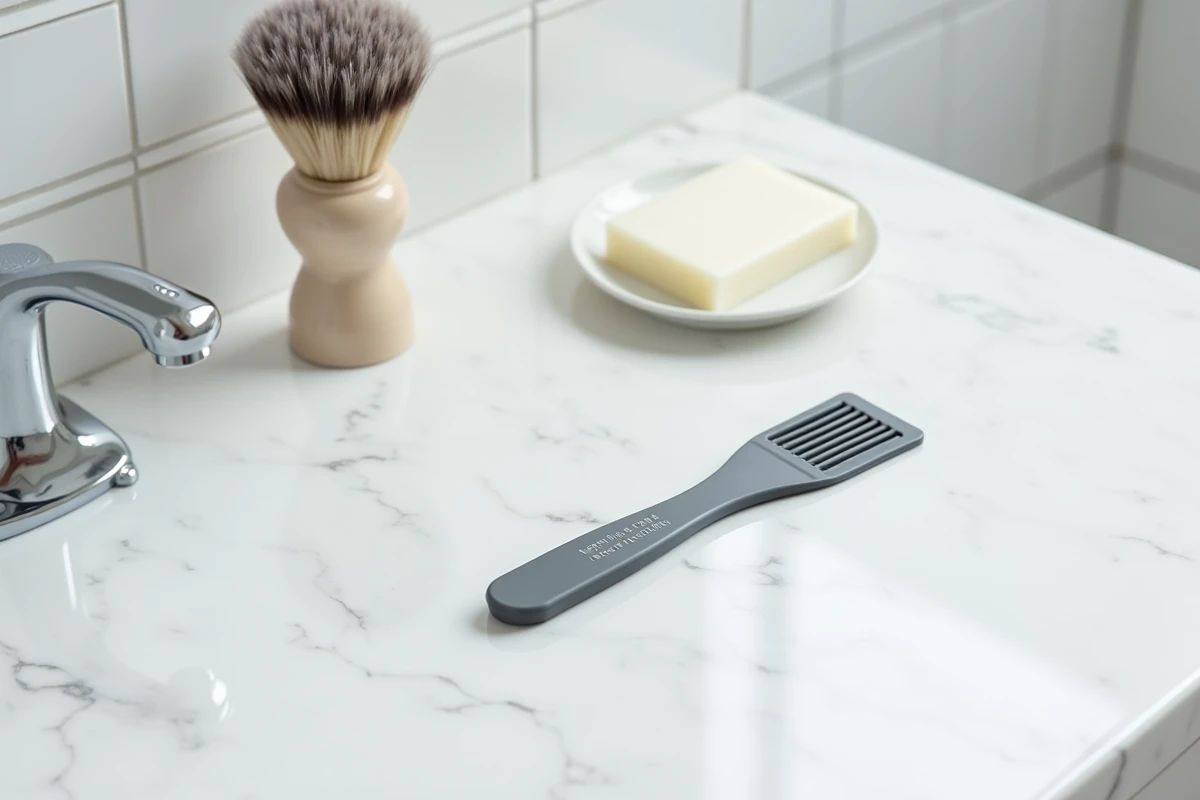 Peigne humoristique pour chauve posé sur un comptoir de salle de bain en marbre blanc