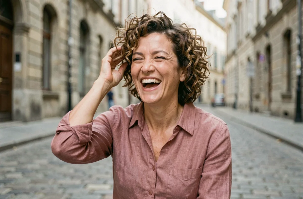 Femme mature avec une permanente garçon bouclée riant dans une rue pavée européenne, style naturel et décontracté