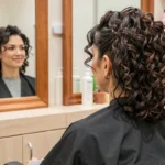 Femme aux cheveux bouclés en permanente garçon assise dans un fauteuil de salon de coiffure, regardant son reflet dans le miroir