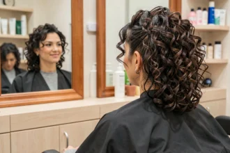 Femme aux cheveux bouclés en permanente garçon assise dans un fauteuil de salon de coiffure, regardant son reflet dans le miroir