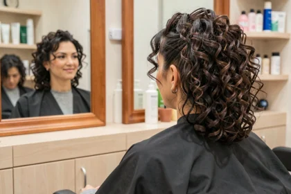 Femme aux cheveux bouclés en permanente garçon assise dans un fauteuil de salon de coiffure, regardant son reflet dans le miroir