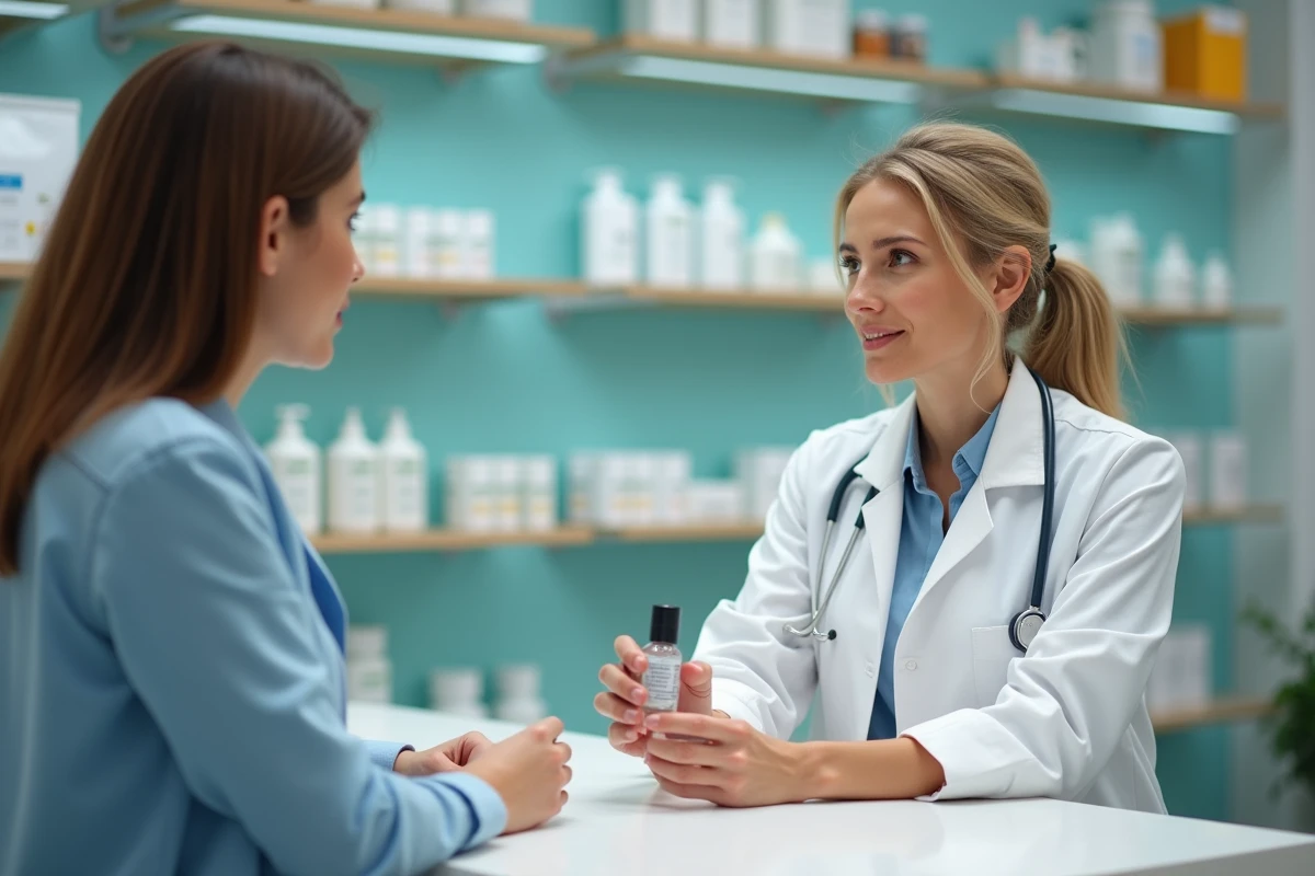Pharmacienne conseillant une cliente sur des alternatives antiseptiques mieux tolérées pour les cheveux colorés en officine