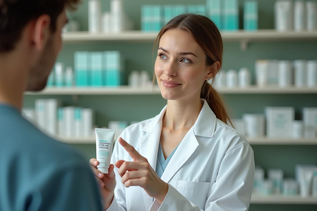 Pharmacienne conseillant un client sur un produit apaisant pour les irritations cutanées après épilation chimique