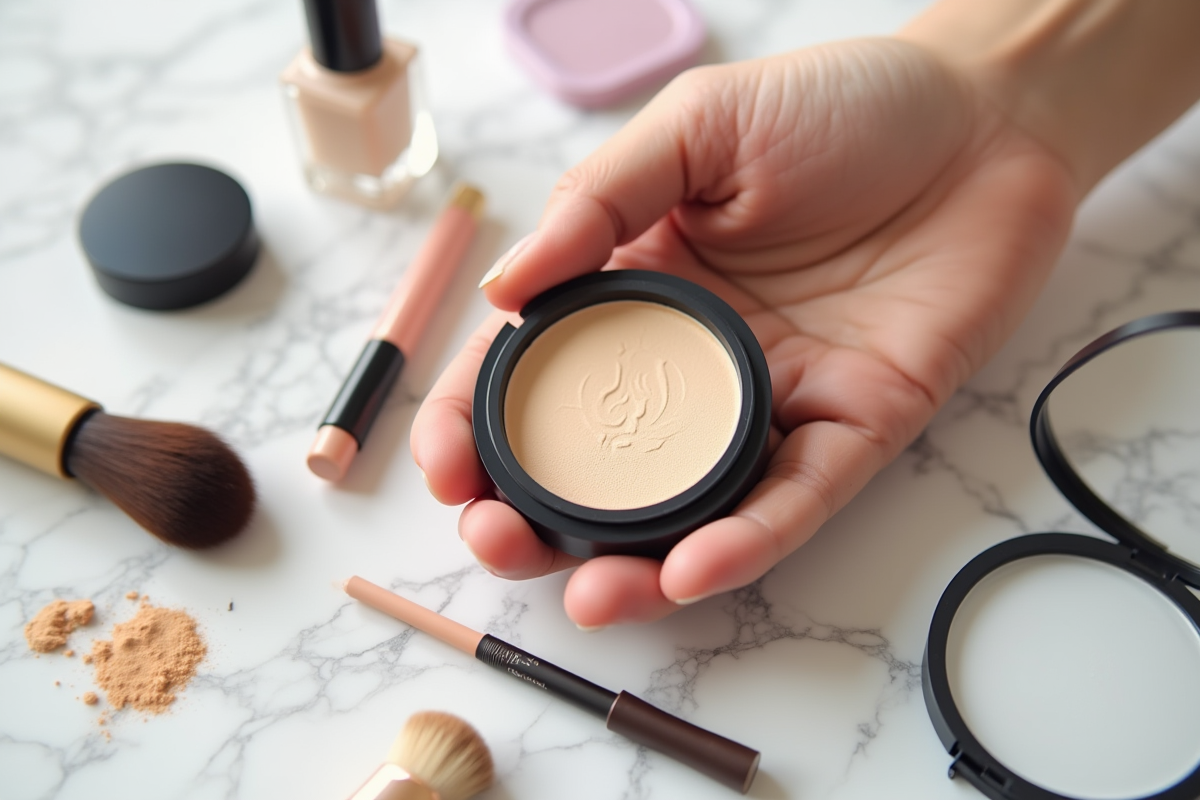 main tenant un poudrier ouvert avec produits de maquillage
