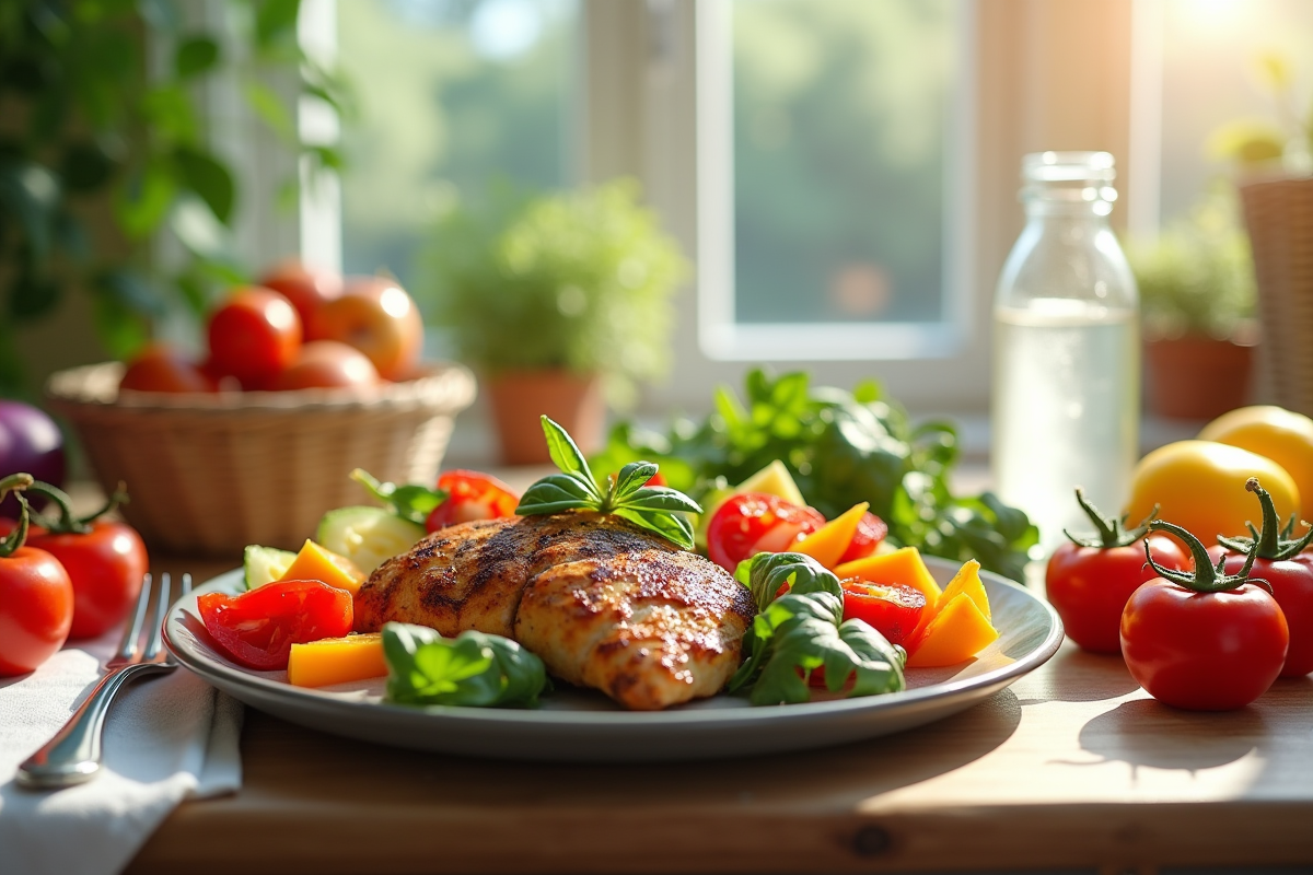 Repas coloré avec légumes et poulet grillé sur une table ensoleillée