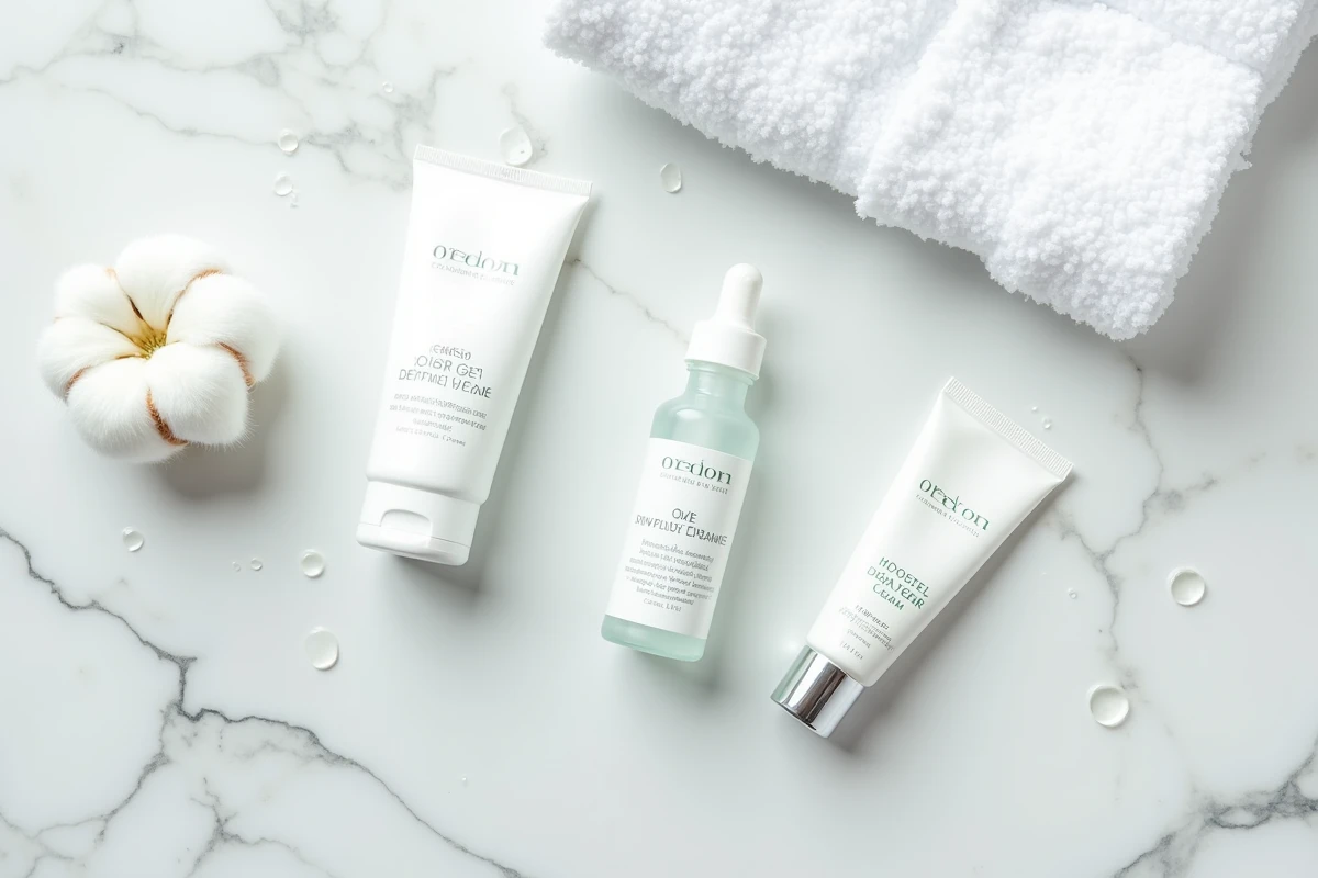 Produits apaisants pour irritations cutanées après crème dépilatoire posés sur un comptoir de salle de bain en marbre blanc