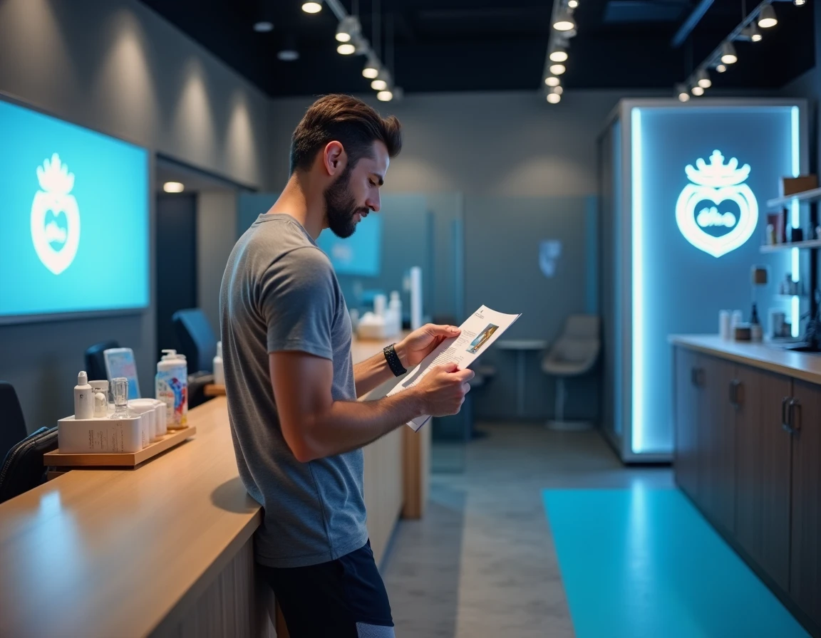 Homme consultant une brochure dans la réception d'un centre de bronzage UV à Levallois-Perret