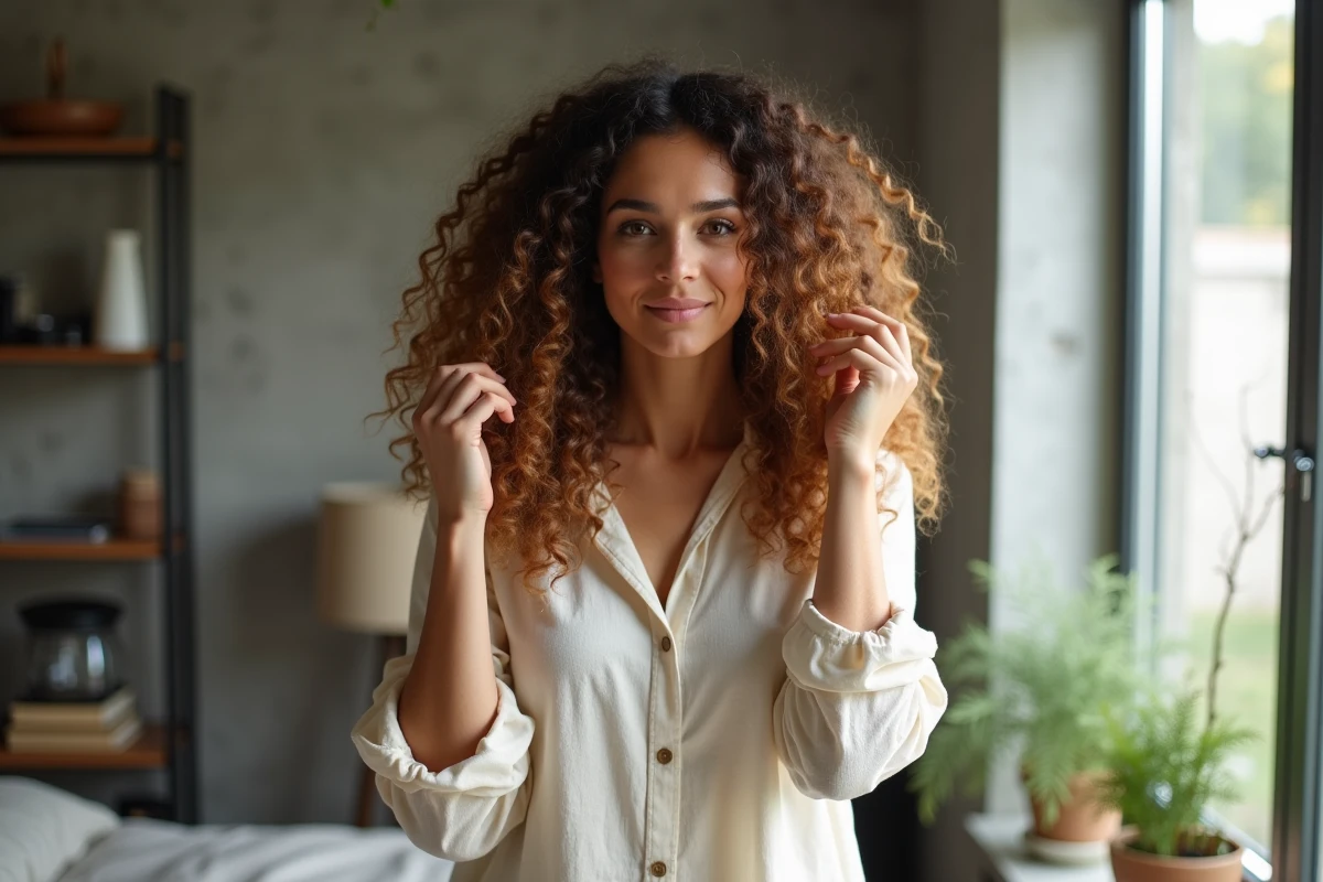 Femme aux boucles définies montrant un résultat de dégradé espagnol de racines foncées aux pointes miel dans un appartement moderne