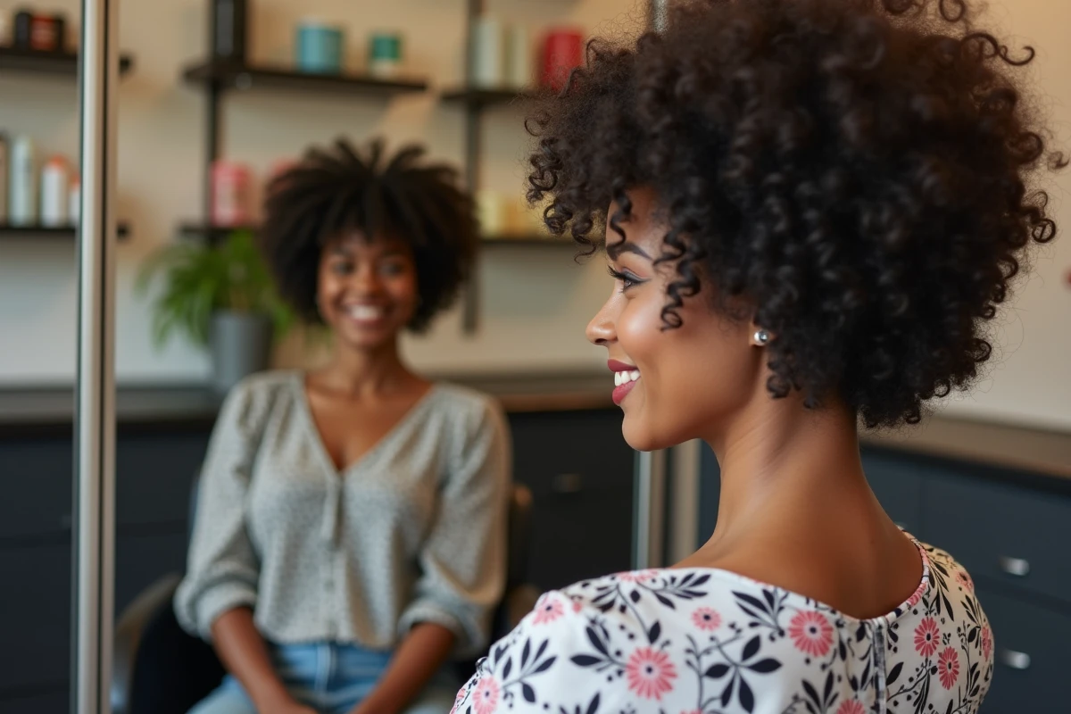 Femme aux cheveux bouclés présentant un résultat de dégradé naturel et structuré après une coupe tapper en salon
