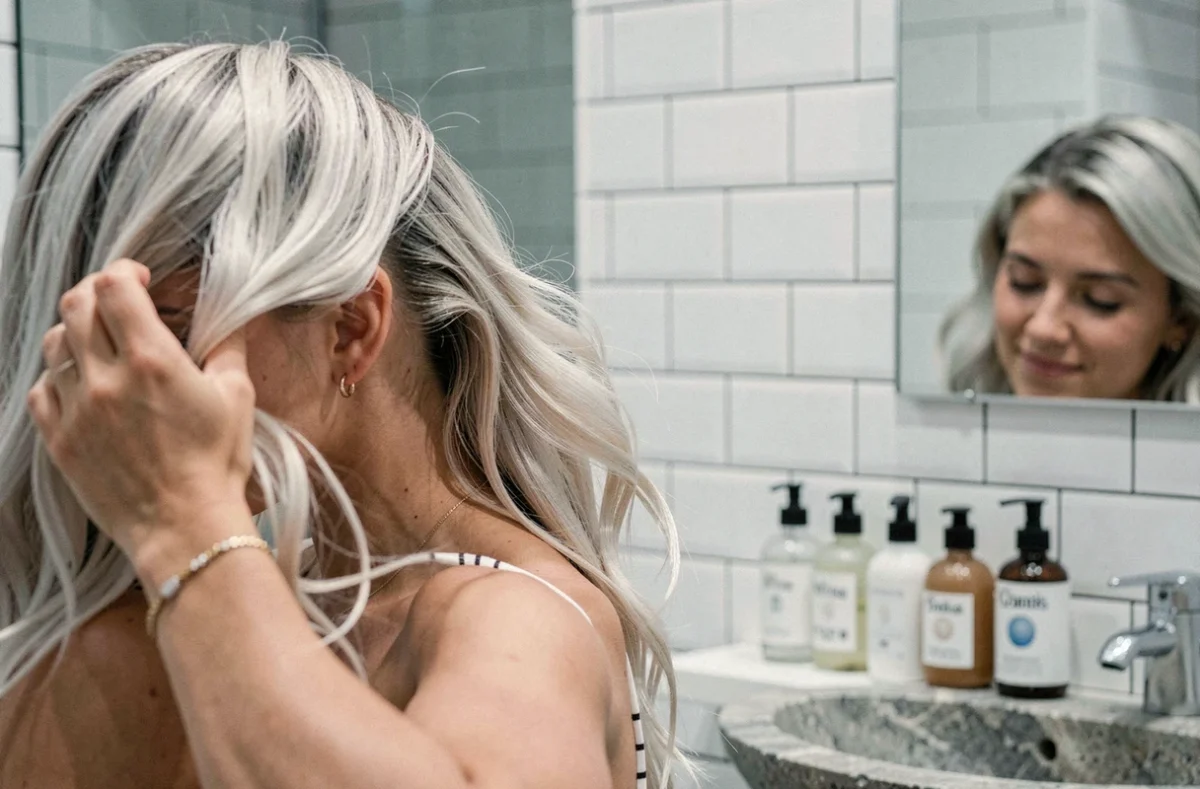 Femme aux cheveux blonds patinés sans reflets jaunes dans une salle de bain moderne