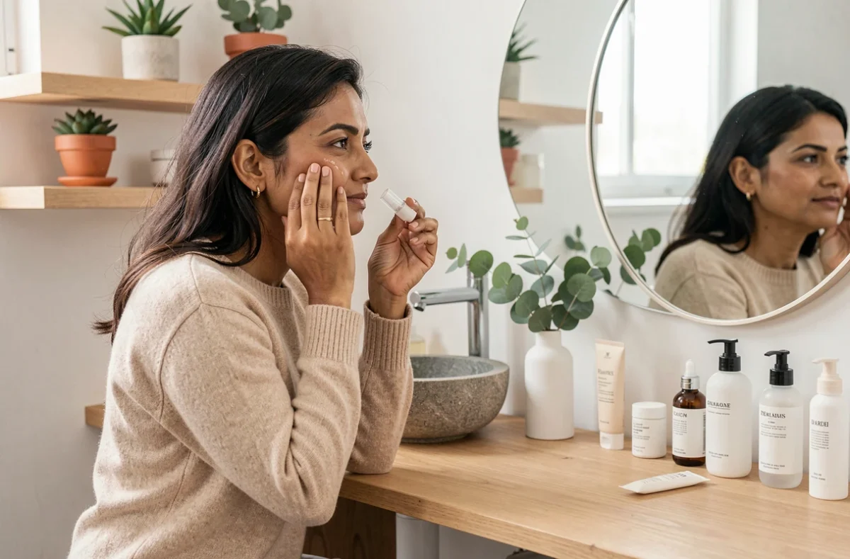 Femme appliquant une essence cosmétique innovante dans sa routine beauté quotidienne devant un miroir de salle de bain minimaliste