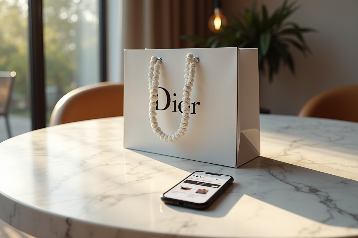 Sac Dior sur une table moderne avec smartphone en lumiere naturelle