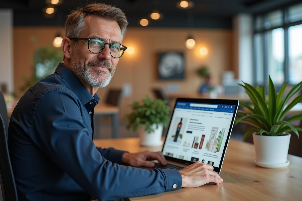 Salarié accédant à la plateforme de vente au personnel L'Oréal sur son ordinateur portable au bureau