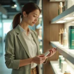 Employée L'Oréal consultant les produits disponibles lors d'une vente au personnel en entreprise
