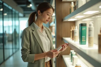 Employée L'Oréal consultant les produits disponibles lors d'une vente au personnel en entreprise