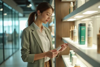 Employée L'Oréal consultant les produits disponibles lors d'une vente au personnel en entreprise