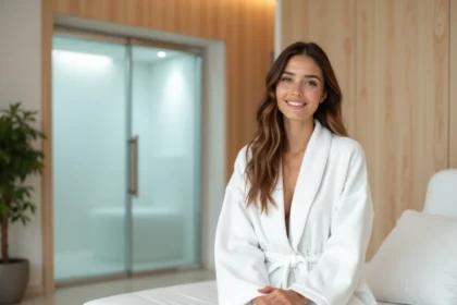 Jeune femme en robe de soin dans un salon de bronzage UV moderne à Levallois-Perret avant ses vacances