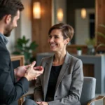 Femme souriante en salon avec coiffeuse ambiance moderne