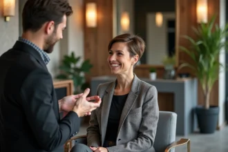 Femme souriante en salon avec coiffeuse ambiance moderne