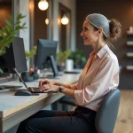 Femme propriétaire de salon de coiffure assise à la réception