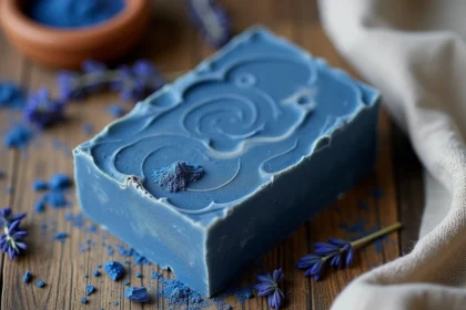 Savon Nila bleu fait maison posé sur une surface en bois avec de la poudre d'indigo et du beurre de karité brut