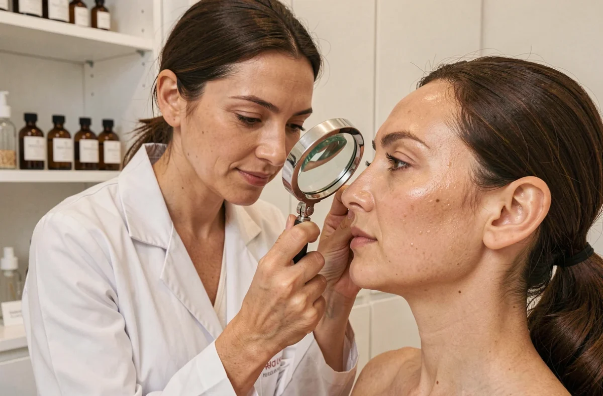 Esthéticienne analysant la peau grasse d'une cliente dans un institut de soin avec des sérums en arrière-plan