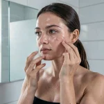 Jeune femme à peau grasse appliquant un sérum visage devant son miroir de salle de bain