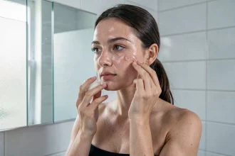 Jeune femme à peau grasse appliquant un sérum visage devant son miroir de salle de bain