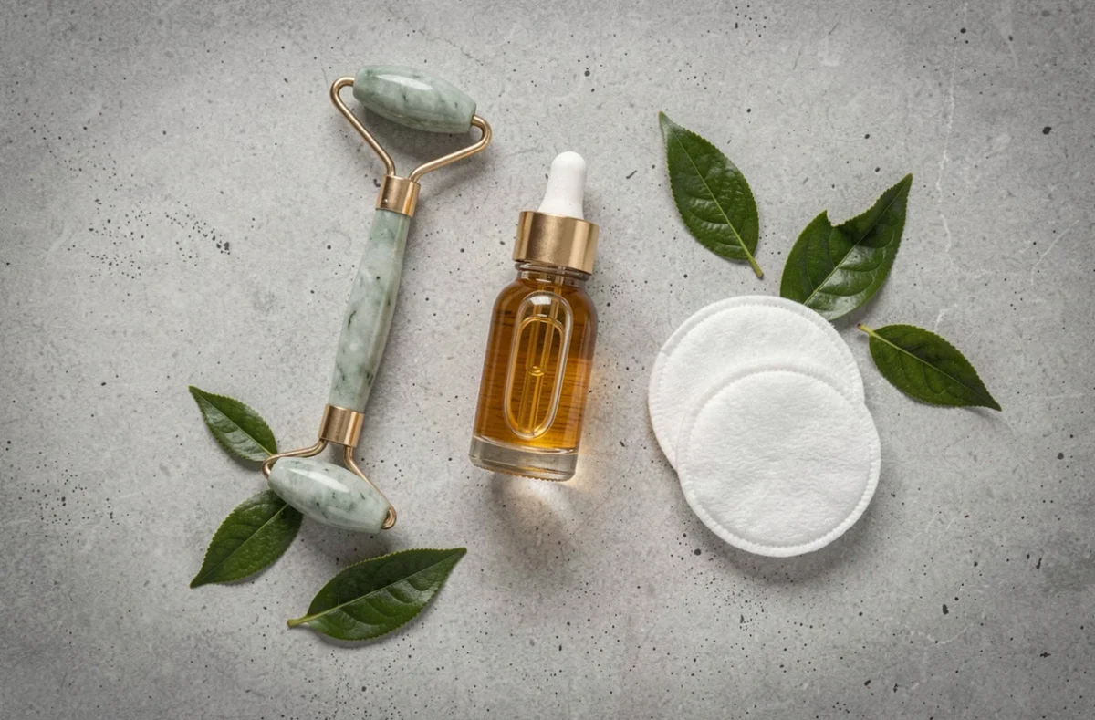 Sérum visage pour peau grasse présenté en flat lay avec des produits de soin sur fond en béton