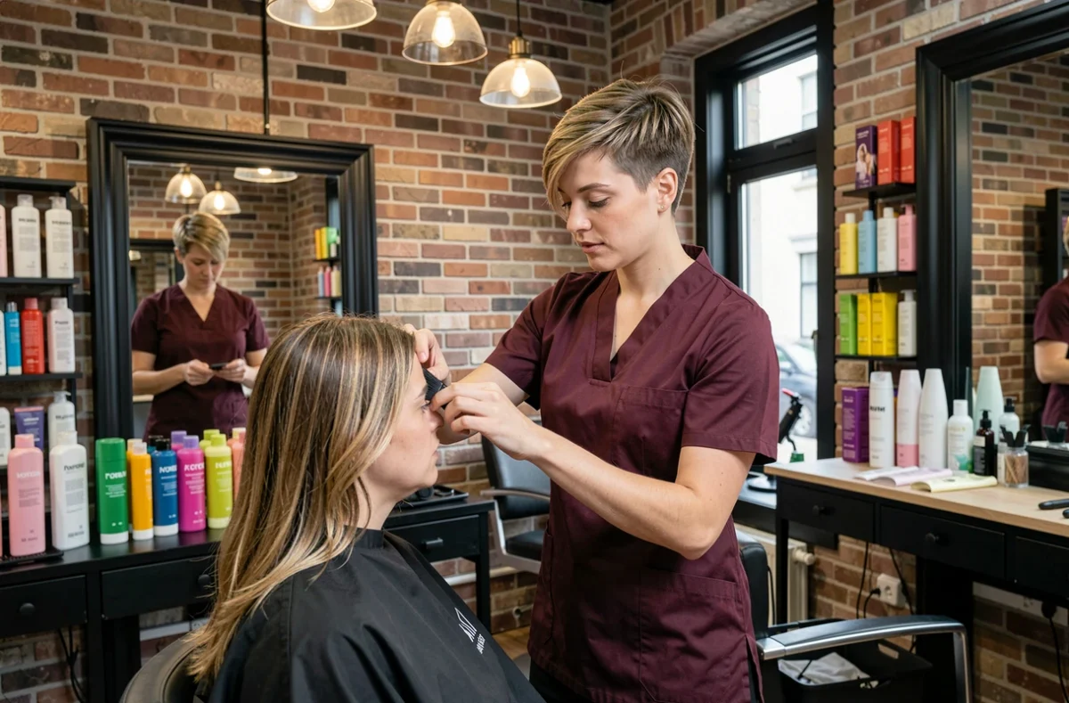 Styliste du salon Sixième Sens à Montargis appliquant une coloration sur une cliente dans un cadre contemporain