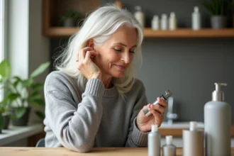 Femme âgée appliquant un sérum capillaire dans un miroir lumineux